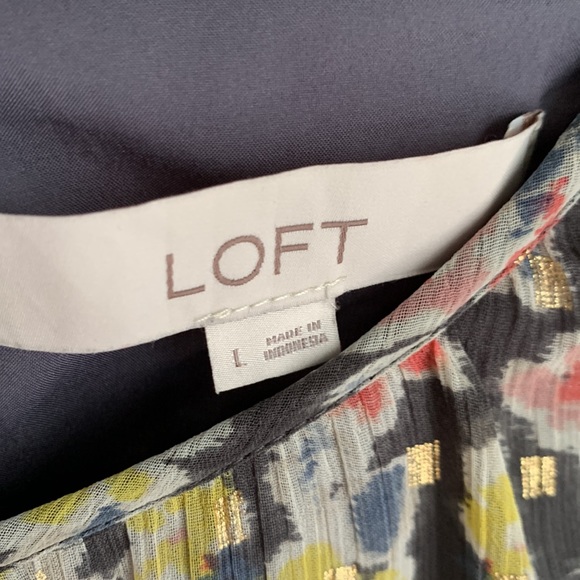 Loft Gray yellow grey pink white gold blue floral long sleeve dress size large - Picture 2 of 7